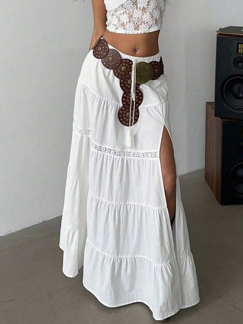 White Boho Women's Beach High-Slit Maxi Skirt with Elastic Waist